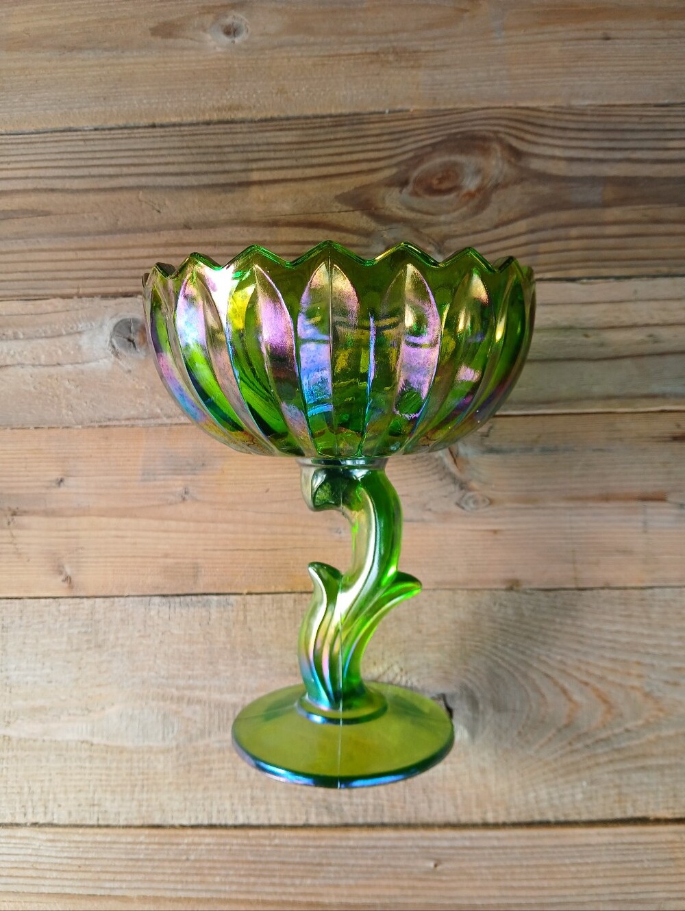 Vintage Indiana Glass Green Carnival Glass "Lotus Blossom" Pedestal Compote Dish